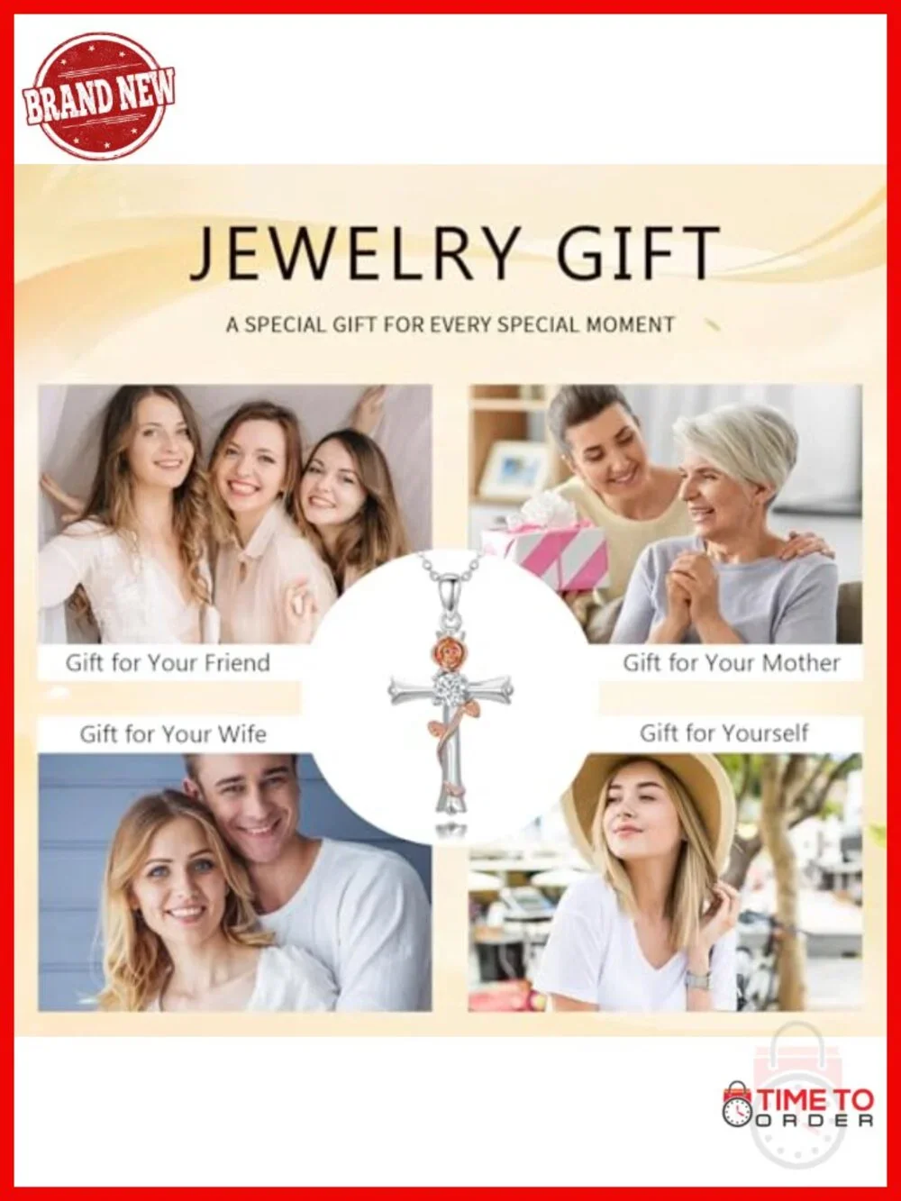 Rose Gold Cross Pendant Necklace with Cubic Zirconia Birthstone, Christian
